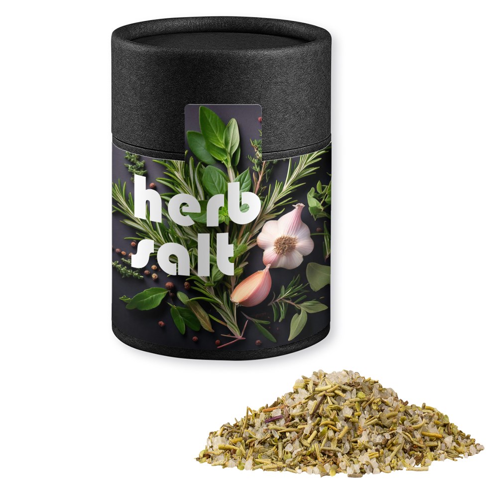 Gewürzmischung Kräutersalz, ca. 80g, Kraftpapierdose Midi schwarz